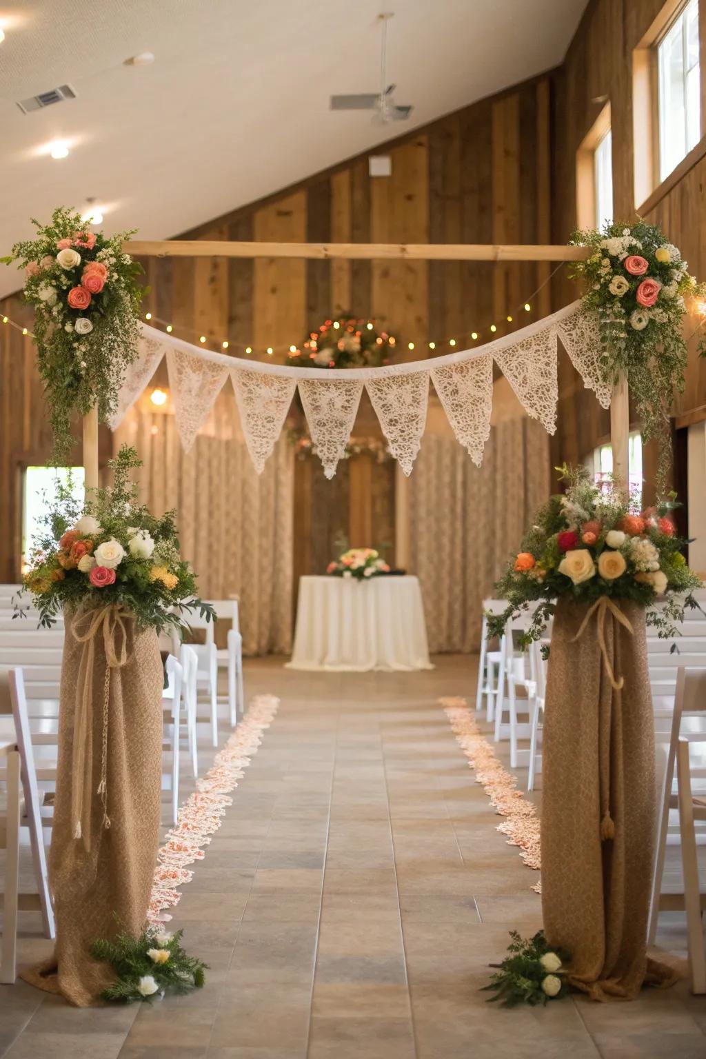 Burlap garlands make for a beautiful rustic wedding backdrop.