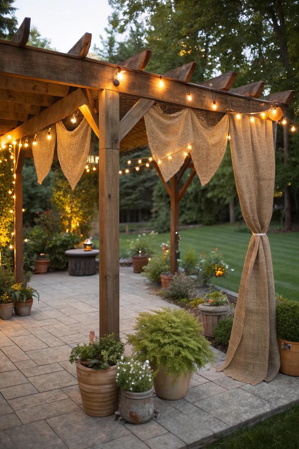 Burlap garland adds a cozy touch to outdoor spaces.