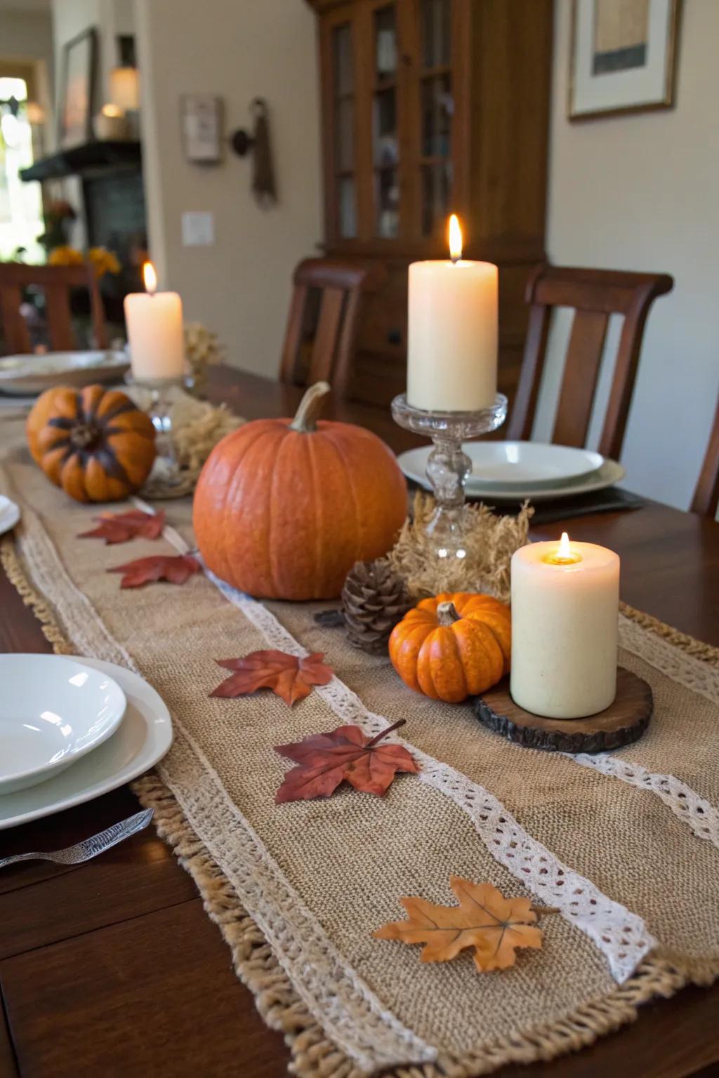 Burlap garland makes a perfect fall table runner.