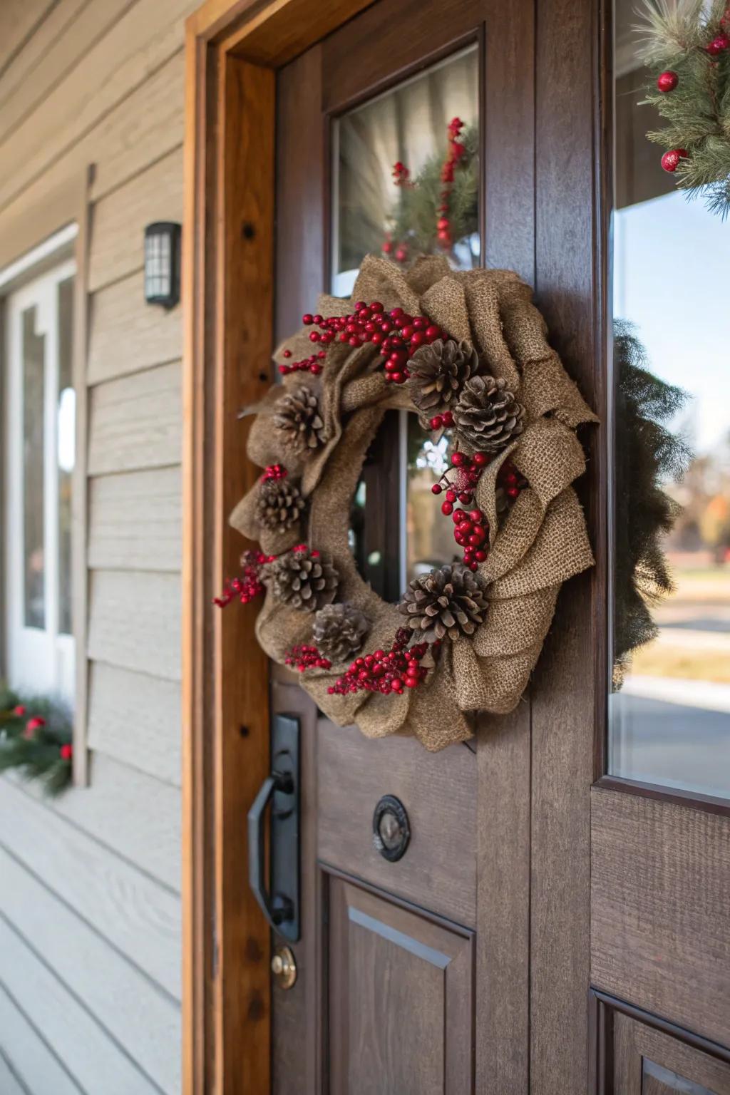 A burlap wreath adds a welcoming touch to any door.
