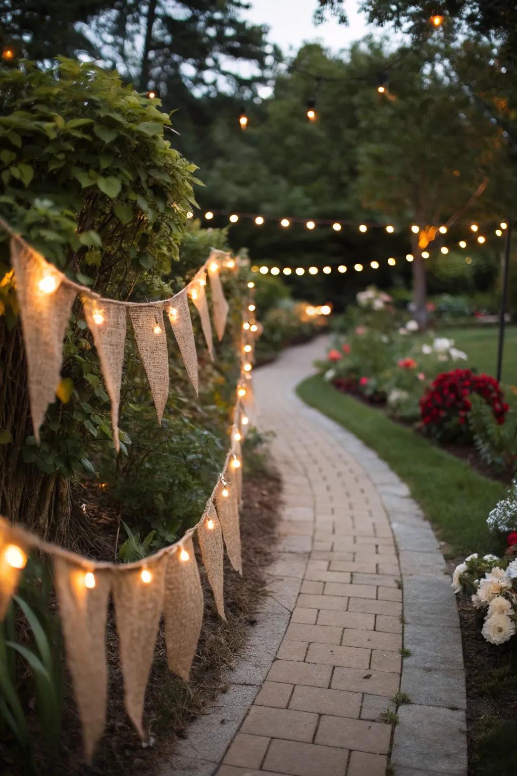 Light up your pathway with burlap garland and lights.