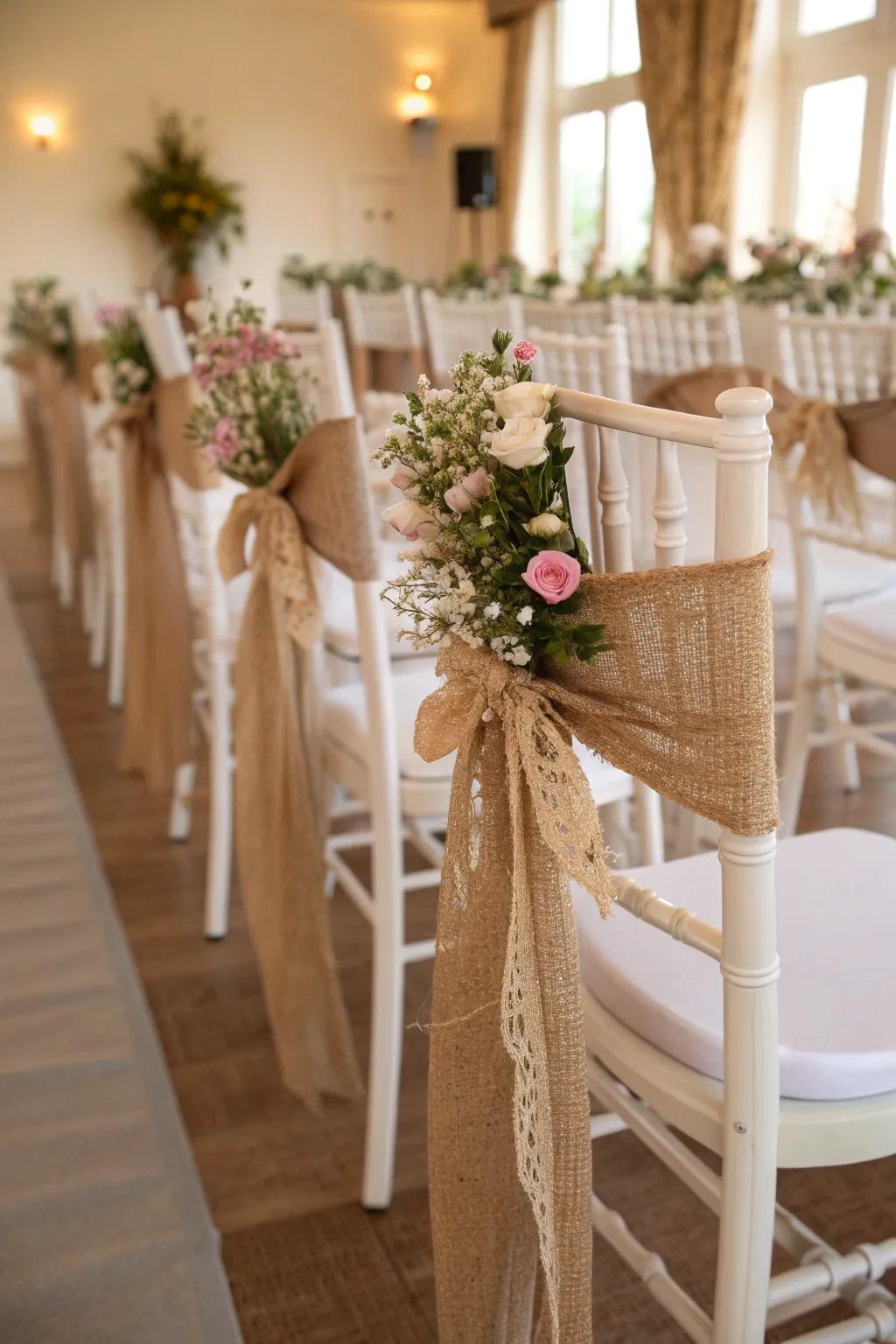 Burlap garland adds elegance to wedding chairs.