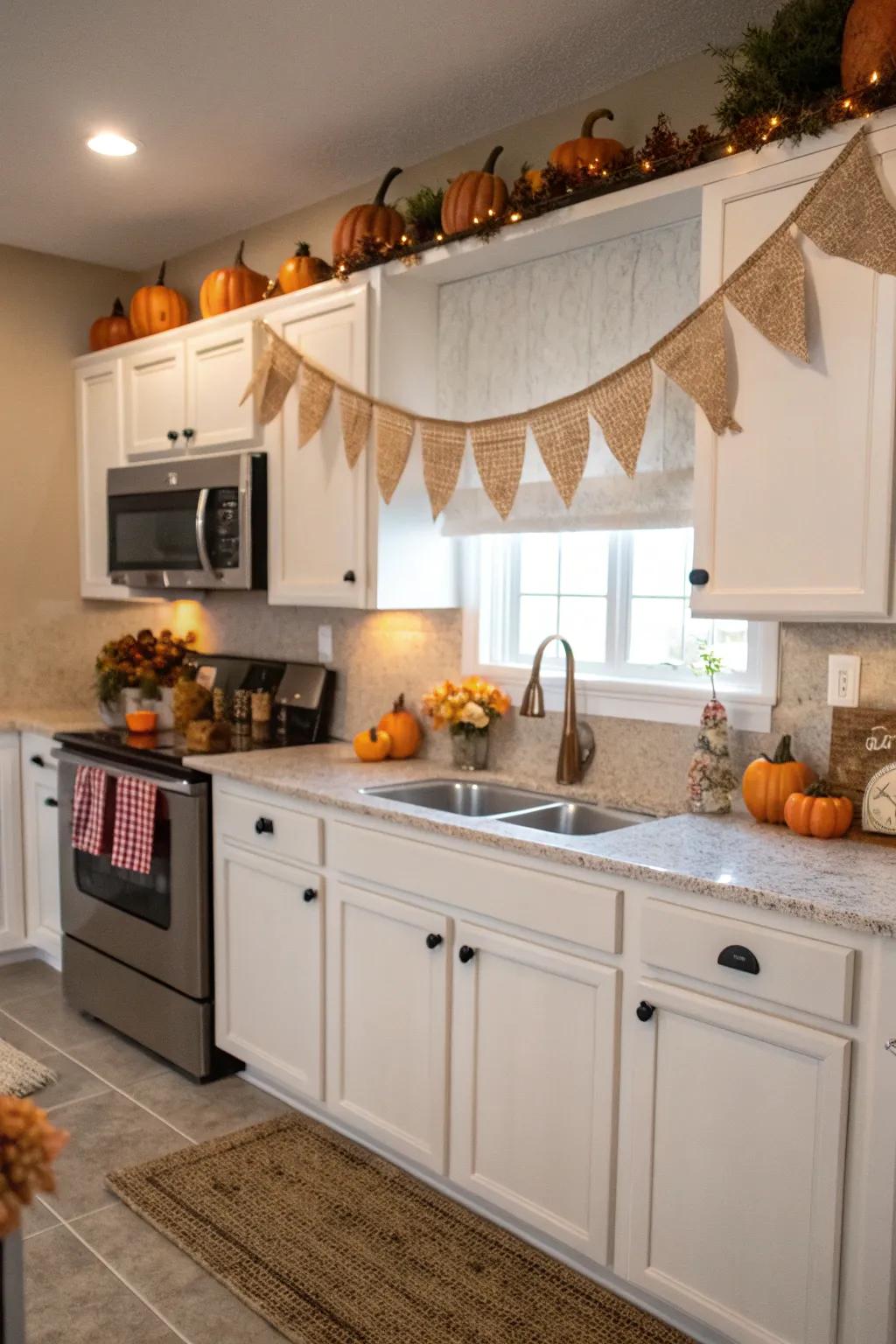 Burlap garland adds charm above kitchen cabinets.