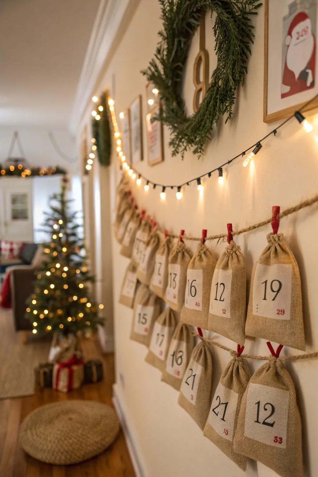 Burlap garland Advent calendars add holiday excitement.