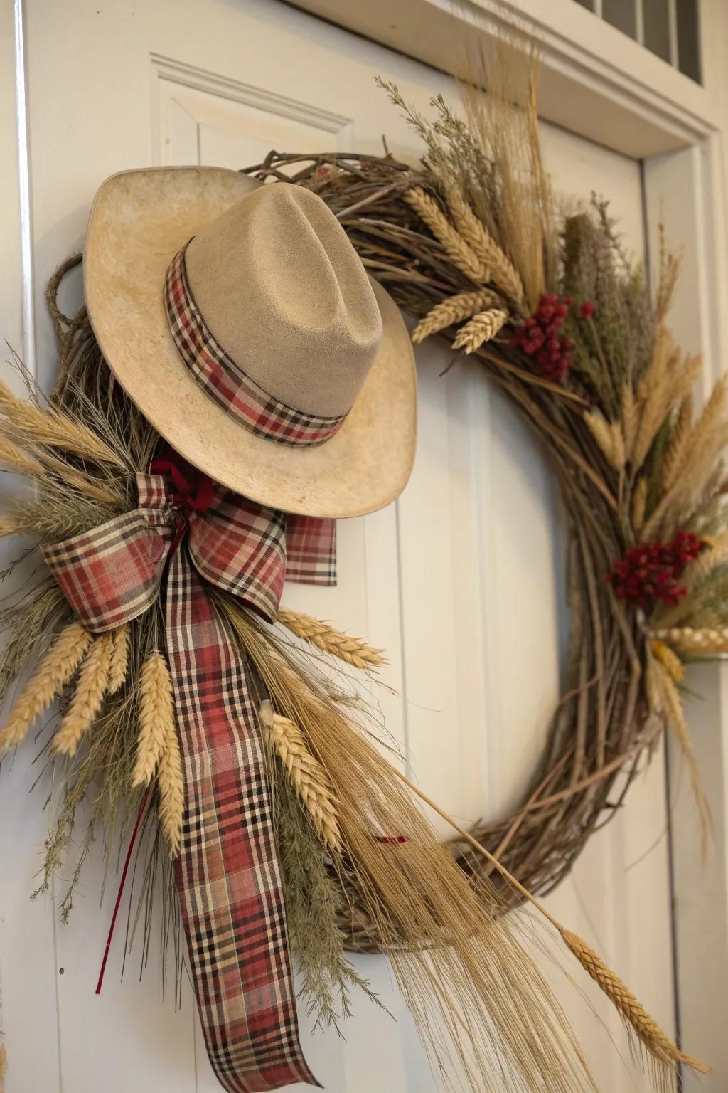 A cowboy hat centerpiece gives your wreath an authentic Western touch.
