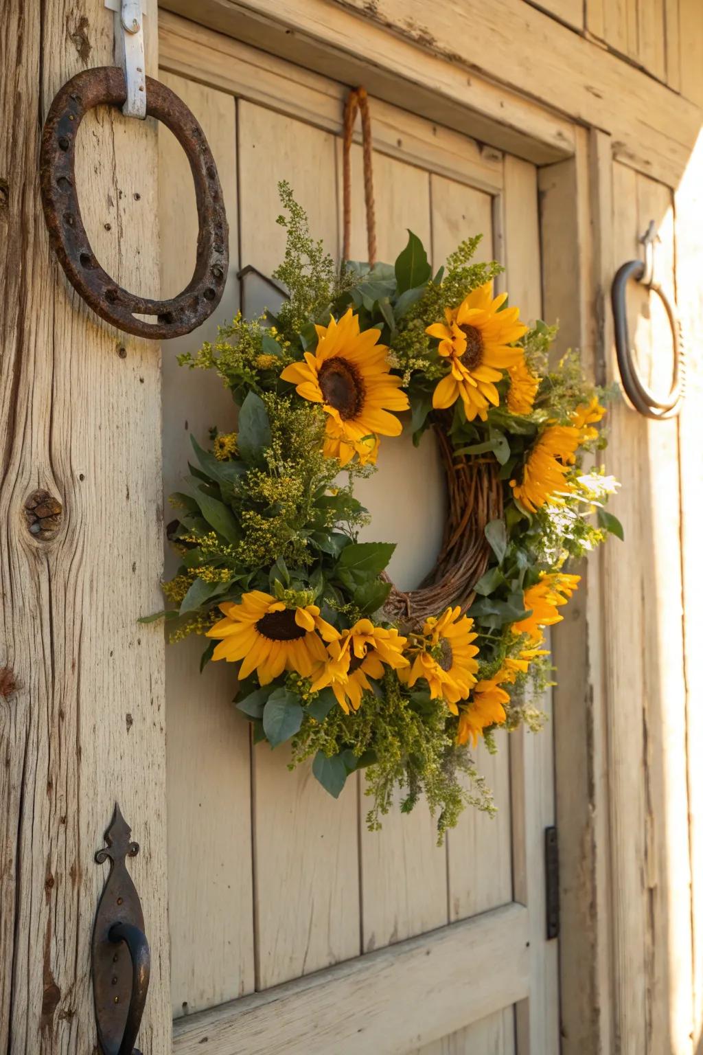 Sunflowers and horseshoes bring warmth and luck to your entrance.