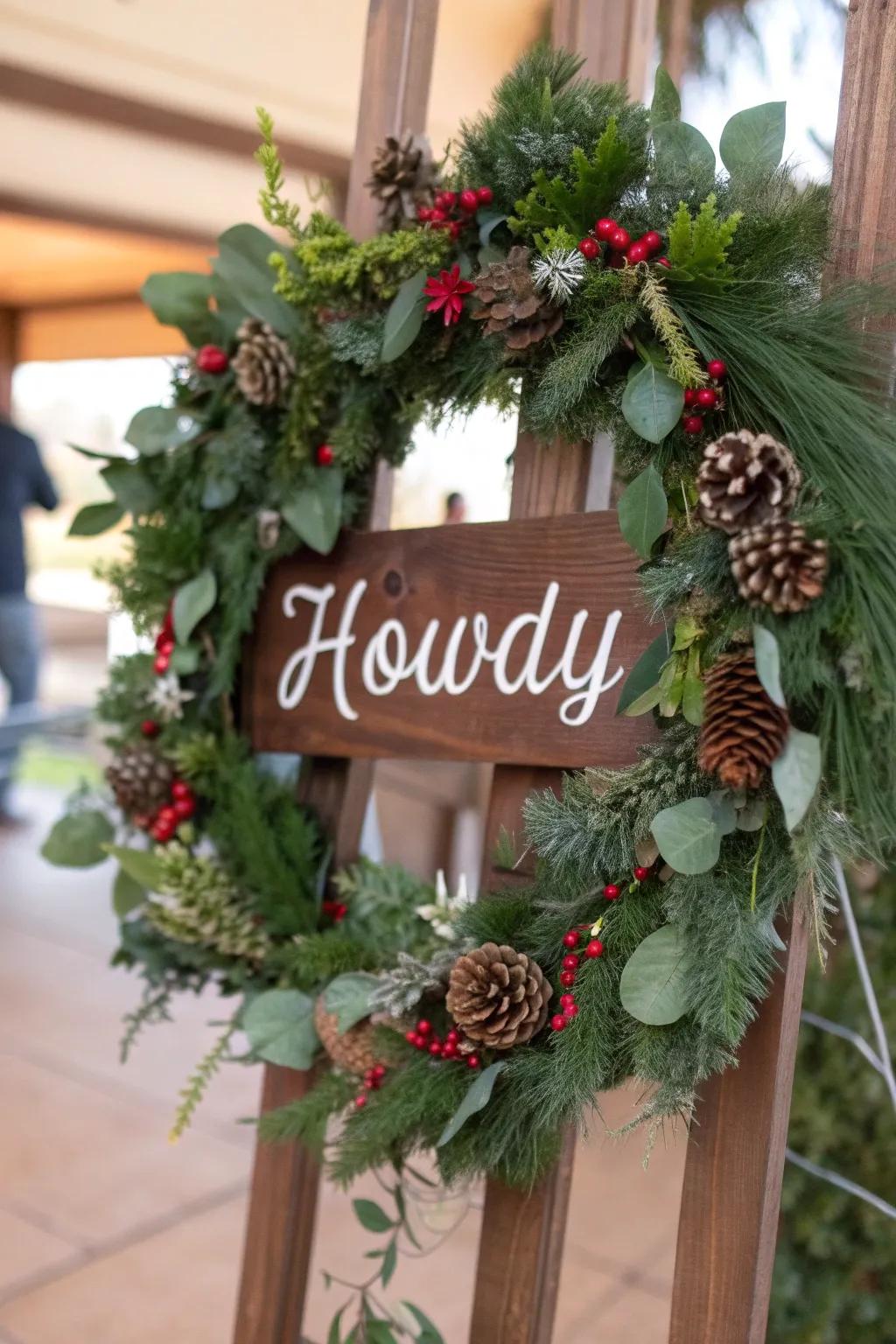 A wooden sign adds a welcoming touch to your Western wreath.