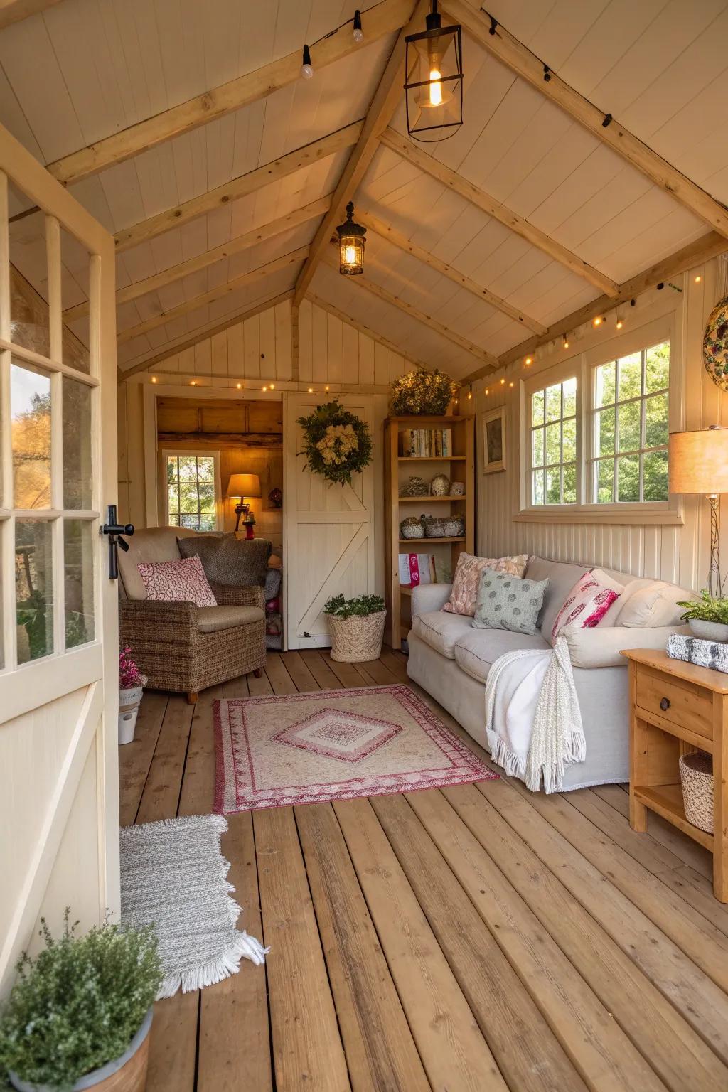Wooden flooring brings warmth and a rustic feel to your she shed.