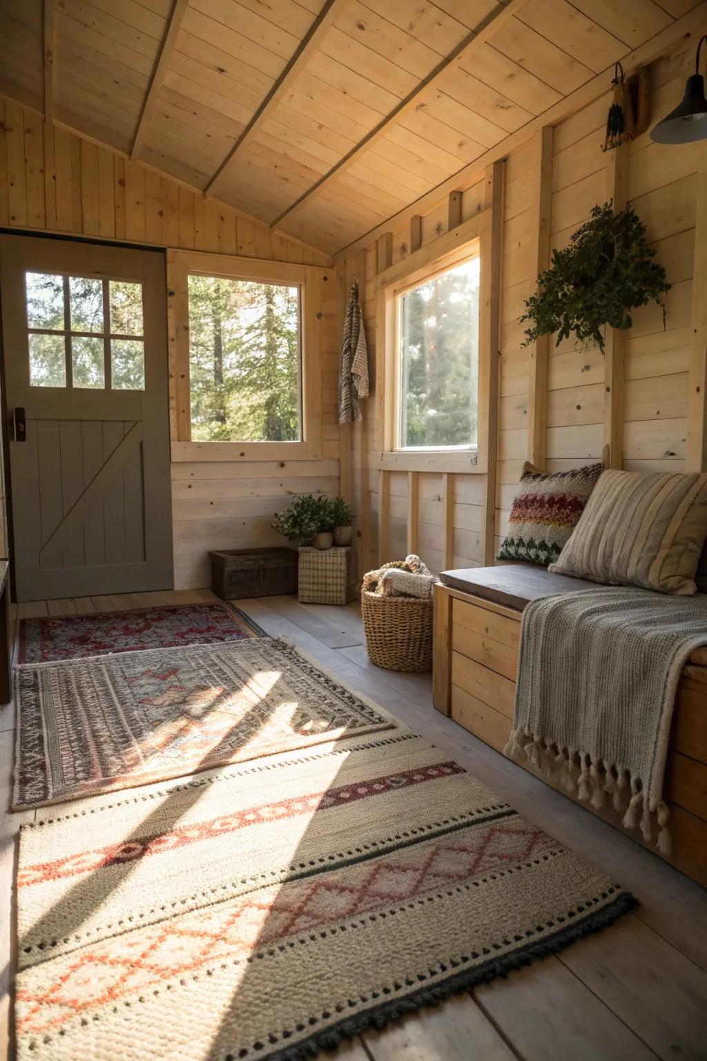 Layered rugs add warmth and comfort to your she shed.