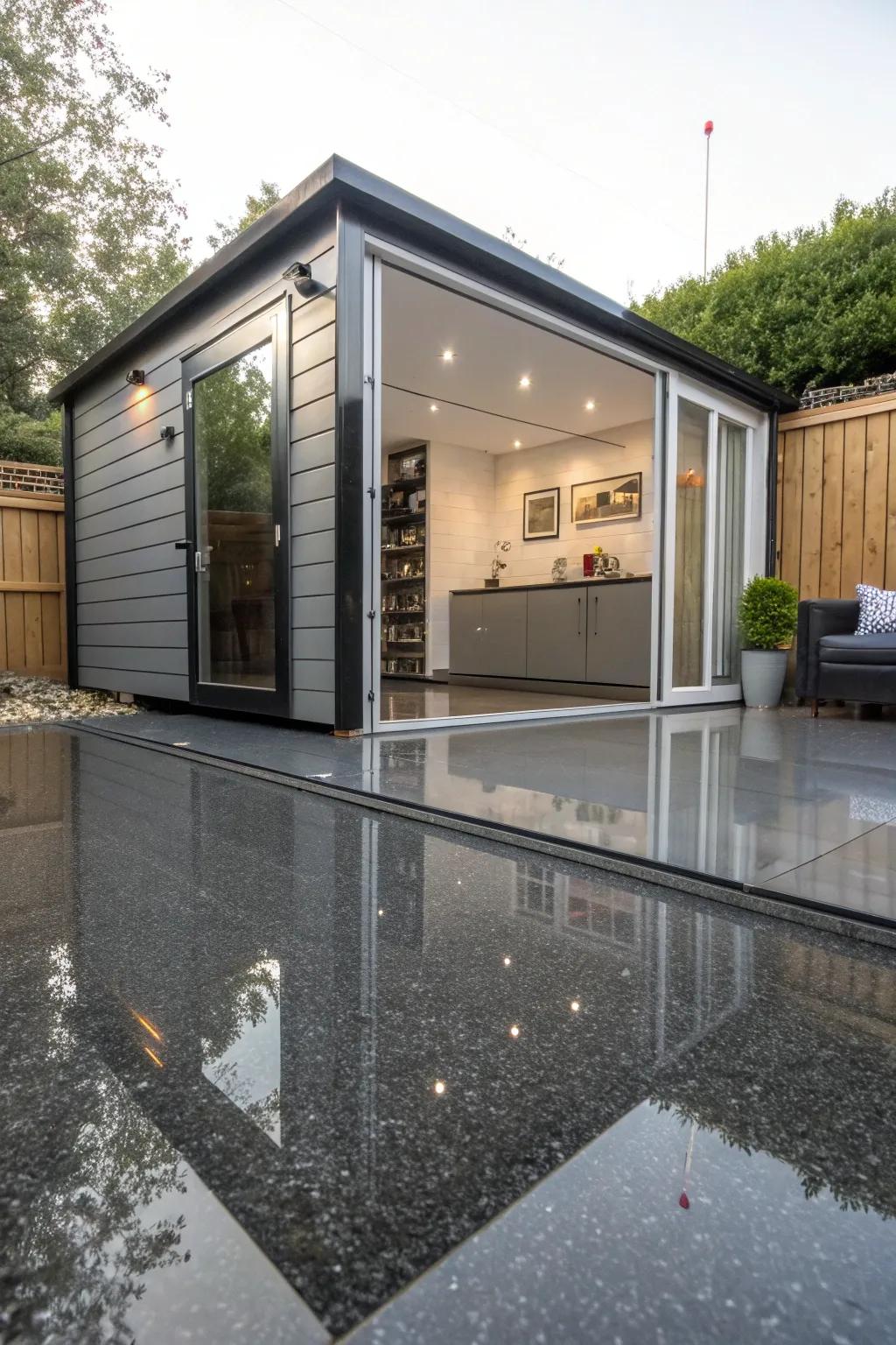 Epoxy flooring adds a chic and durable finish to any she shed.