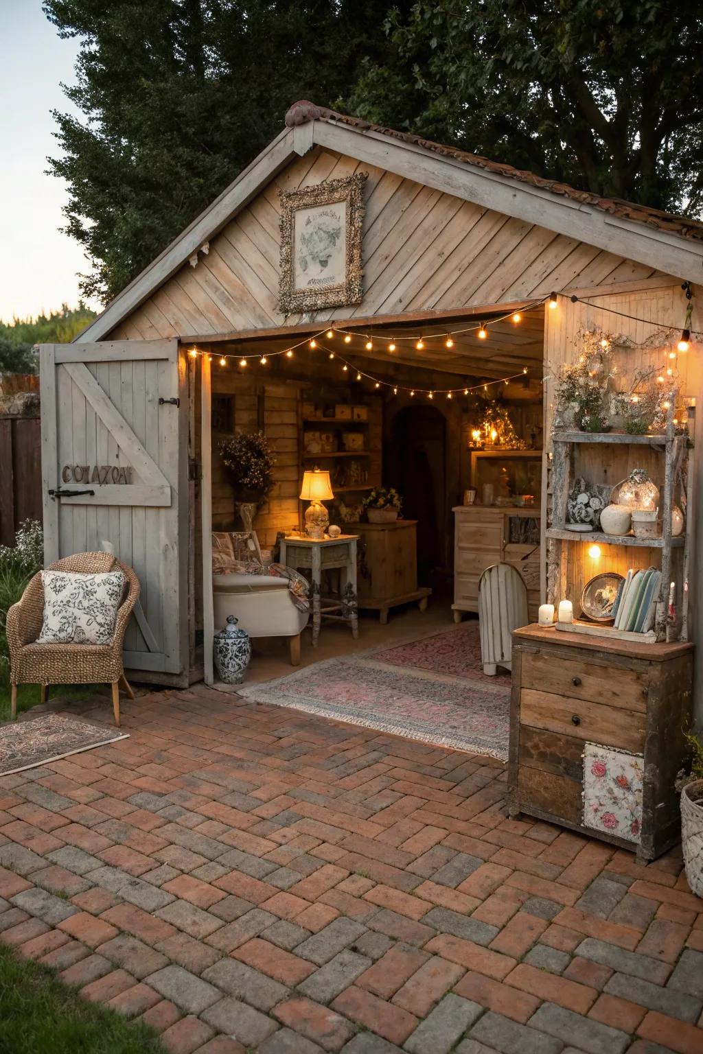 Brick flooring adds rustic charm to your she shed.