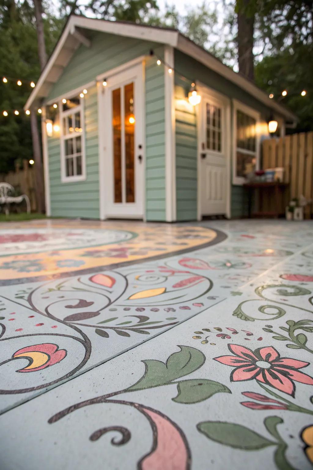 Painted concrete floors add artistic flair to your she shed.