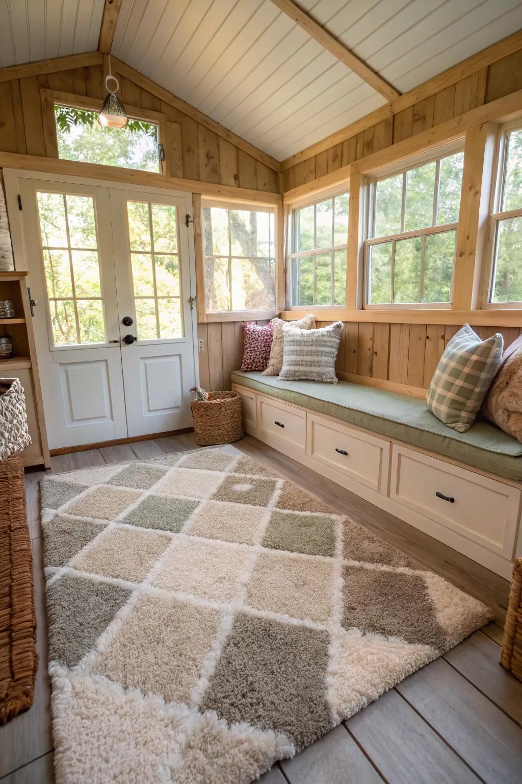 Carpet tiles add warmth and texture to any she shed.
