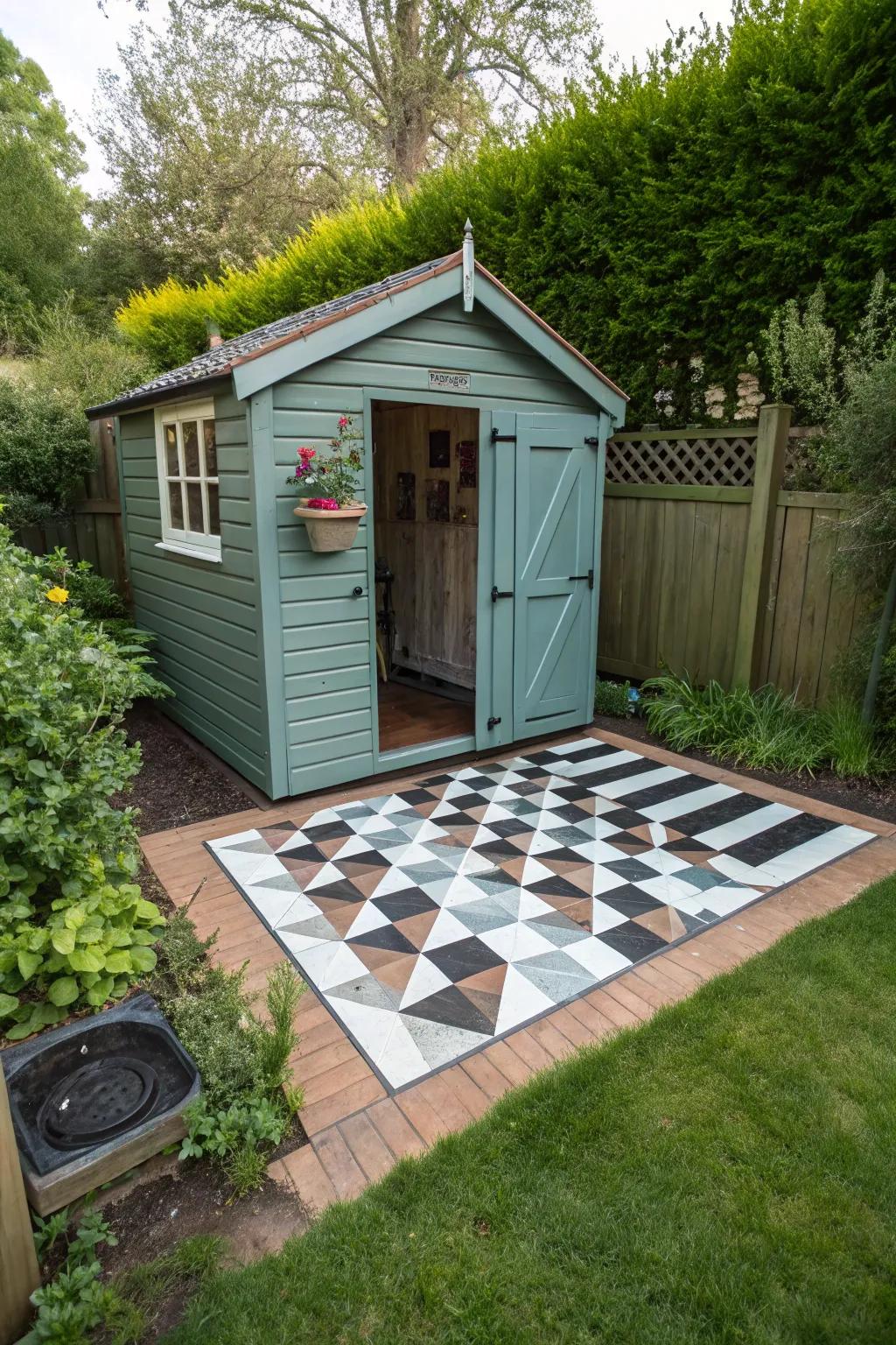 3D floor art transforms your she shed into an artistic masterpiece.