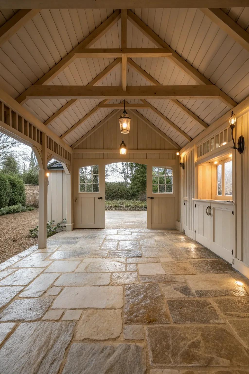 Natural stone flooring offers elegance and sophistication.