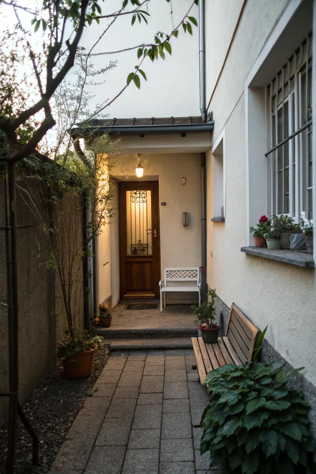 A minimalist bench offers seating without cluttering the space.