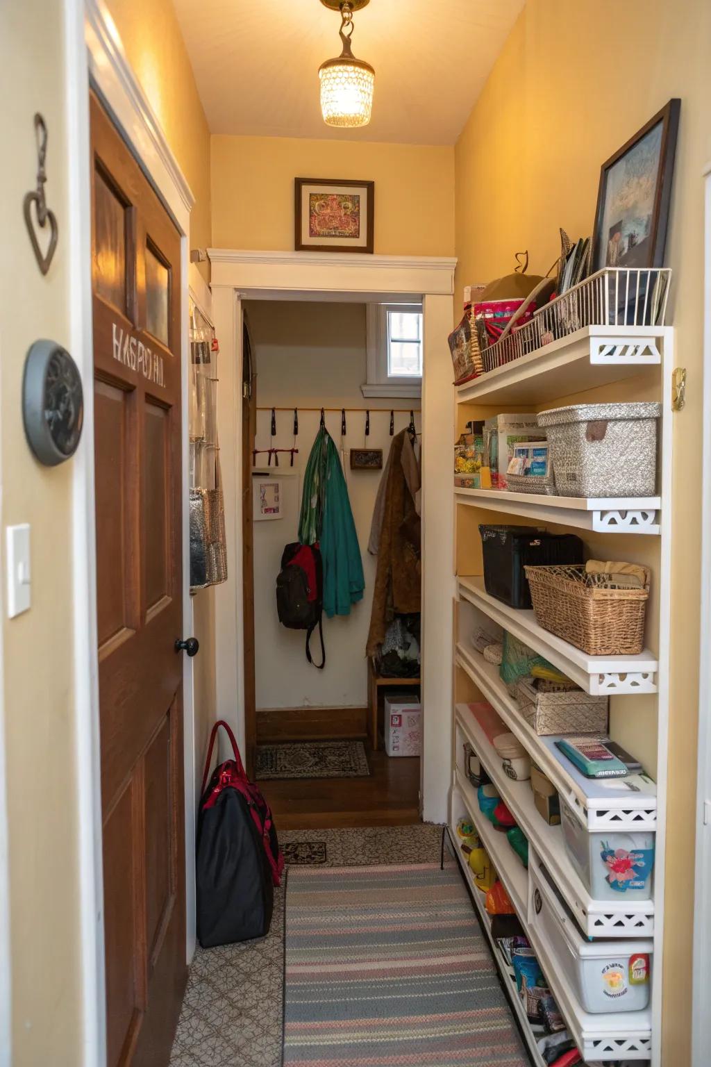 Hooks and shelves provide discreet storage for essentials.