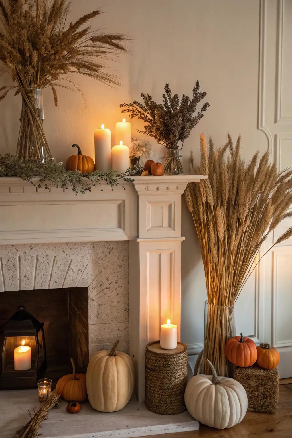 Create a cozy mantel display with wheat for that perfect autumnal touch.