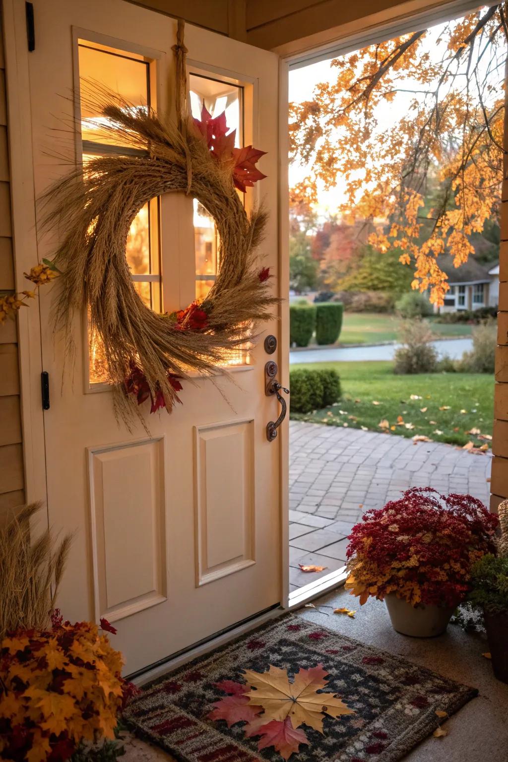 Welcome guests with an elegant wheat wreath that embodies the spirit of fall.