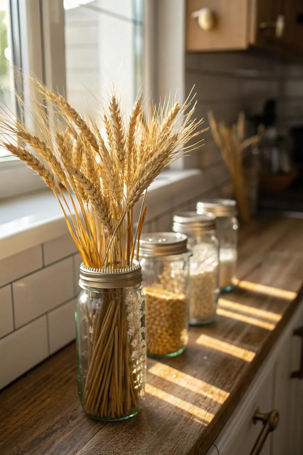 Mason jars filled with wheat bring rustic charm to any corner of your home.