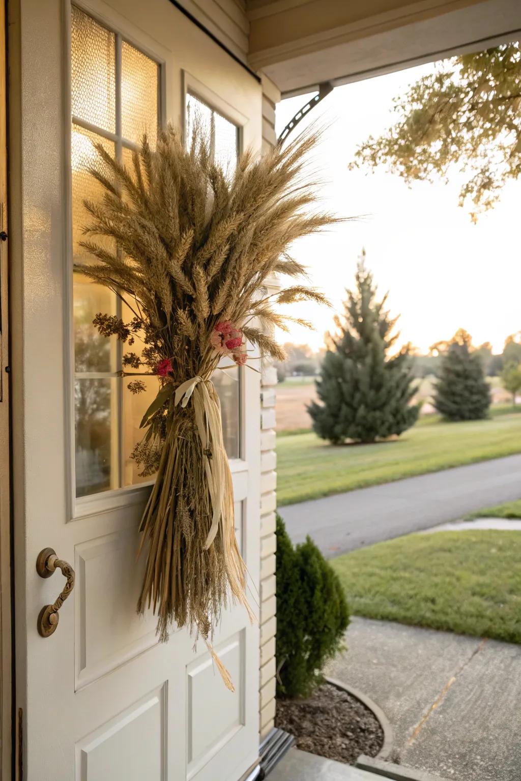 A wheat door swag offers a charming alternative to the traditional wreath.