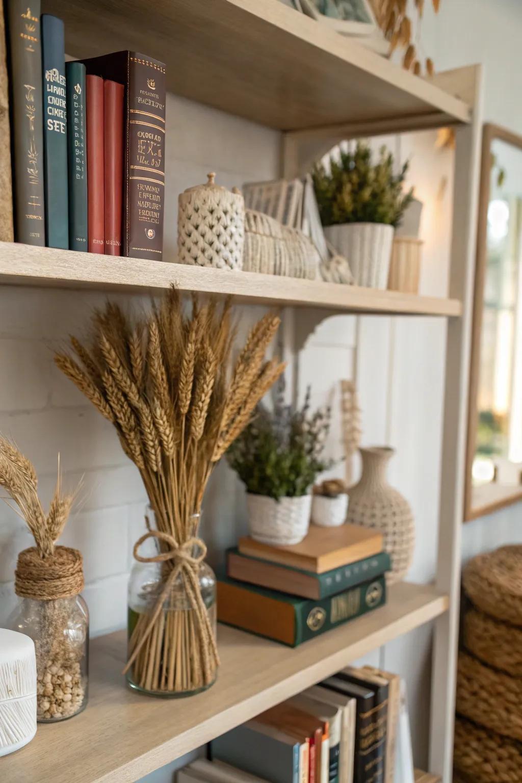 Enhance your bookshelf with small wheat bundles for a touch of fall.