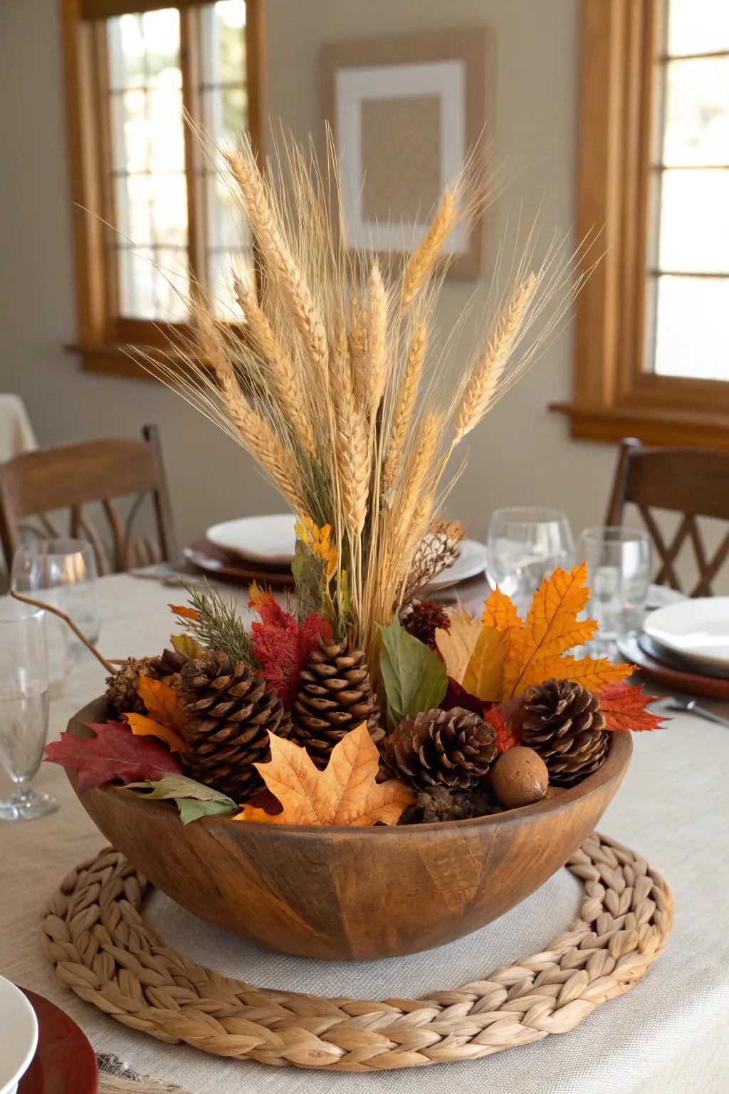 Capture the harvest season with a dough bowl centerpiece filled with wheat.