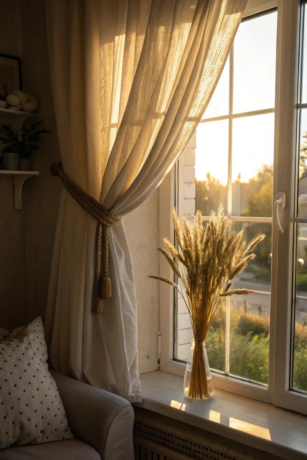 Add a rustic touch to your curtains with wheat tiebacks.