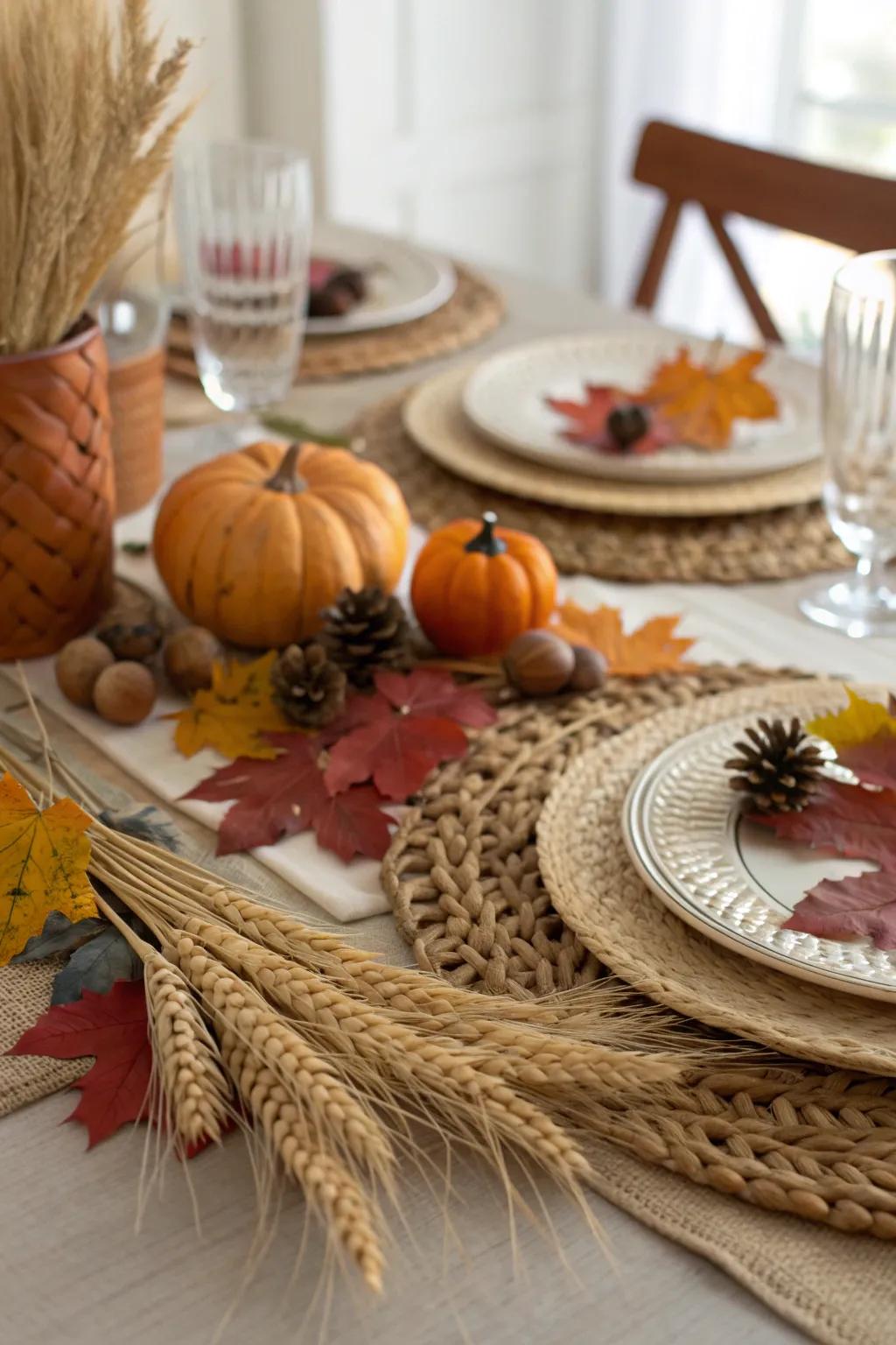 Enhance your table with a wheat and twine runner that celebrates autumn.