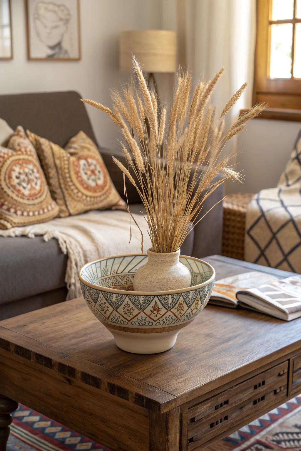 Use wheat in decorative bowls for a versatile and easy decor accent.