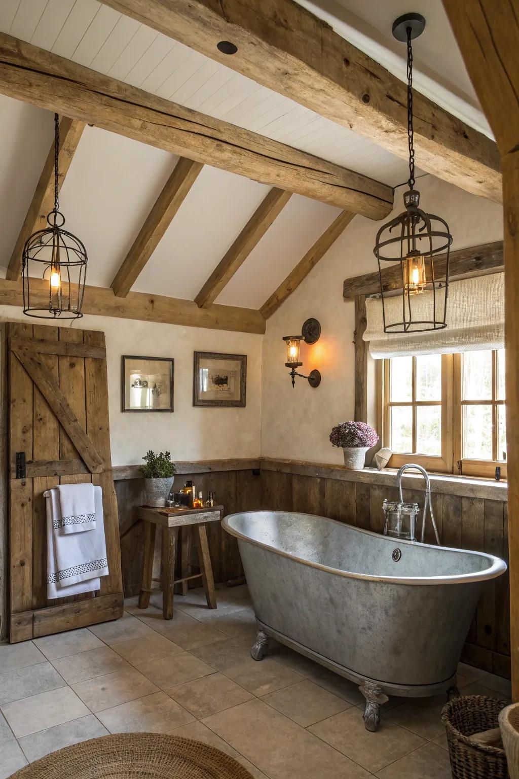 A rustic bathroom featuring a central galvanized bathtub and vintage decor elements.