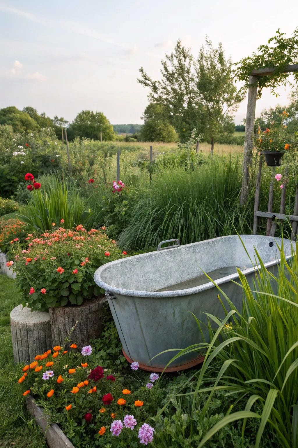 A tranquil outdoor bathing setup with a galvanized tub amidst a garden.