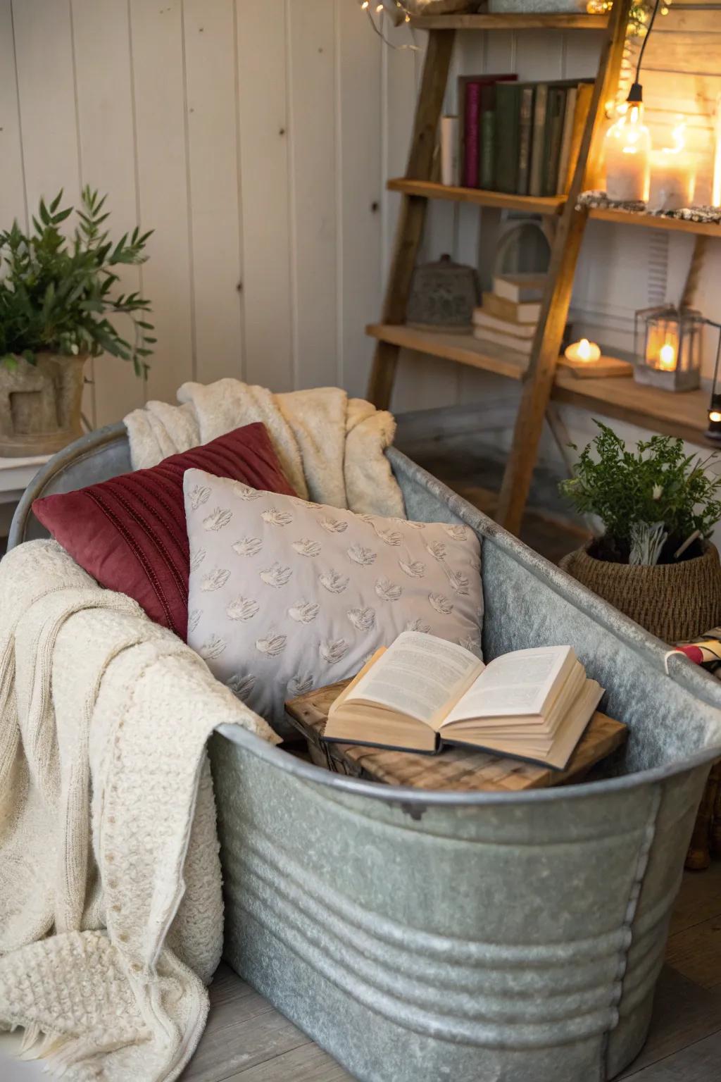 A unique reading nook using a galvanized tub, perfect for book lovers.