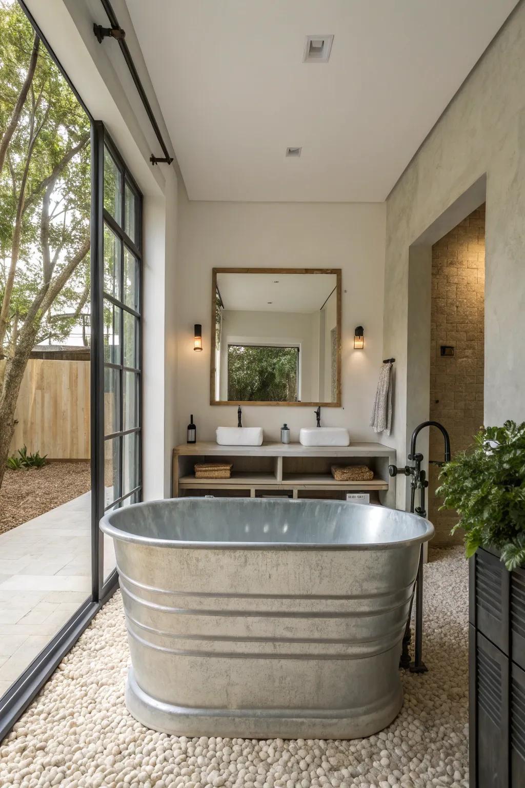 Minimalist bathroom design featuring a galvanized tub and neutral decor.