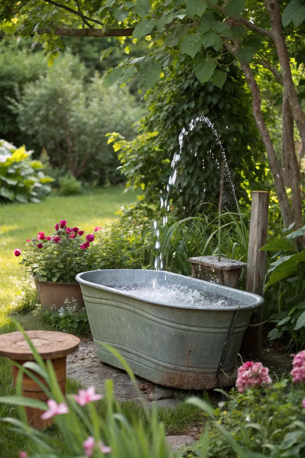 A rustic garden fountain using a galvanized tub, perfect for creating a serene atmosphere.