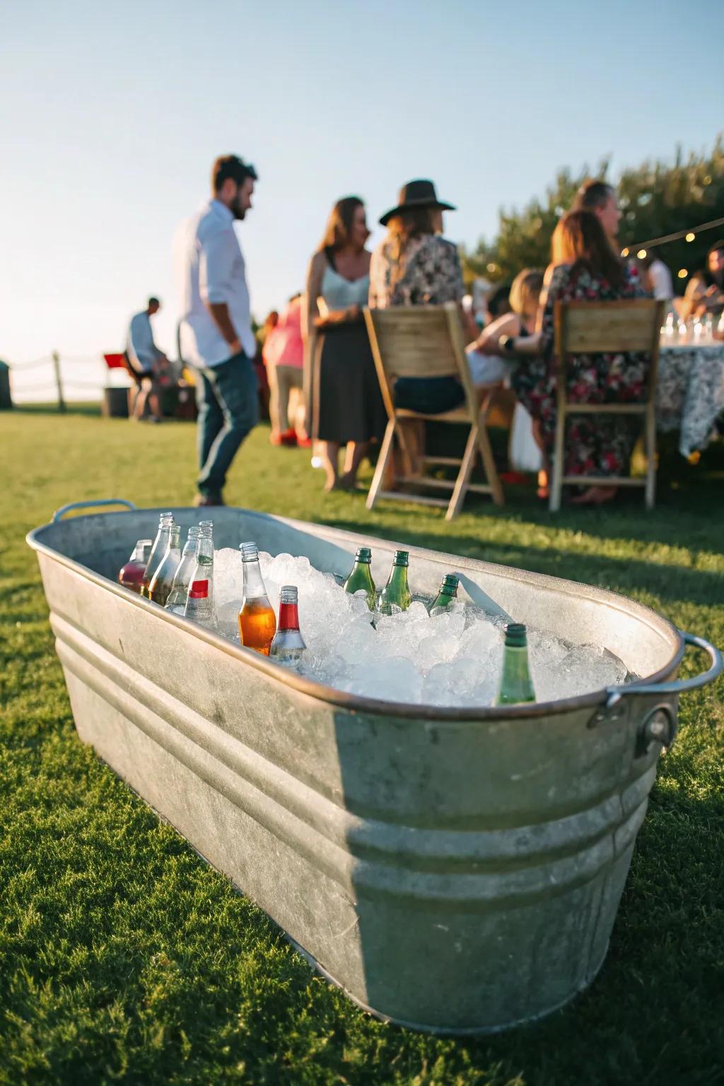 A galvanized tub serving as a beverage cooler, perfect for entertaining guests.