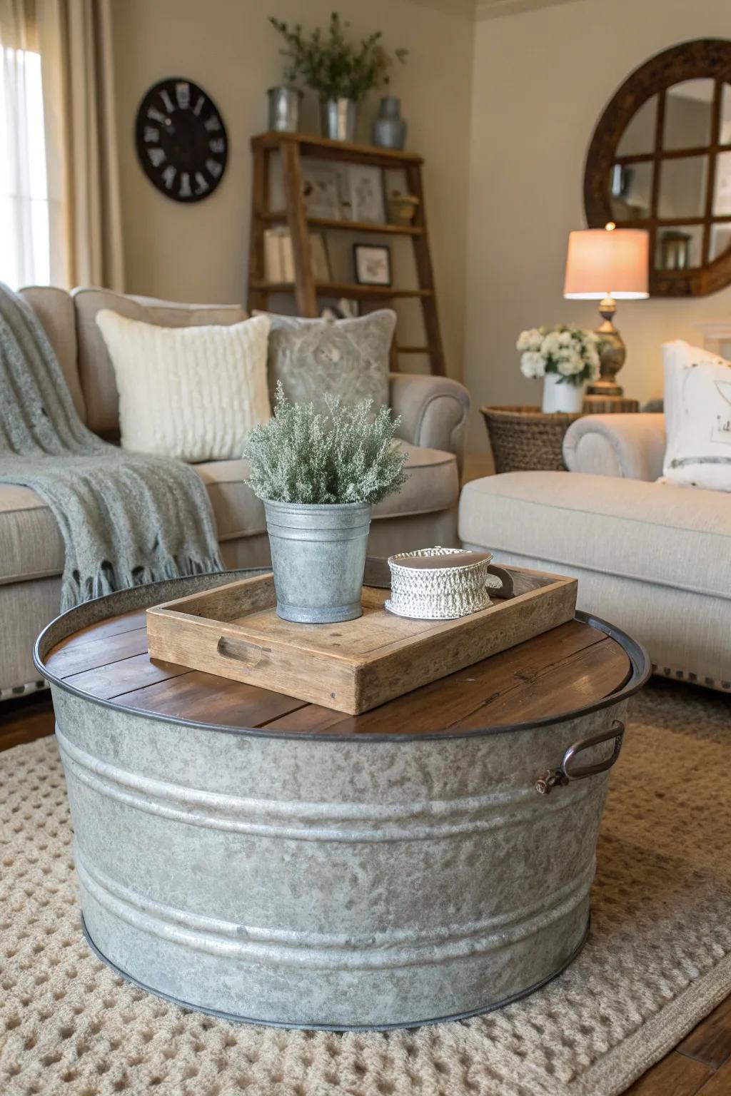 A creative coffee table made from a galvanized tub, adding rustic charm to a living room.