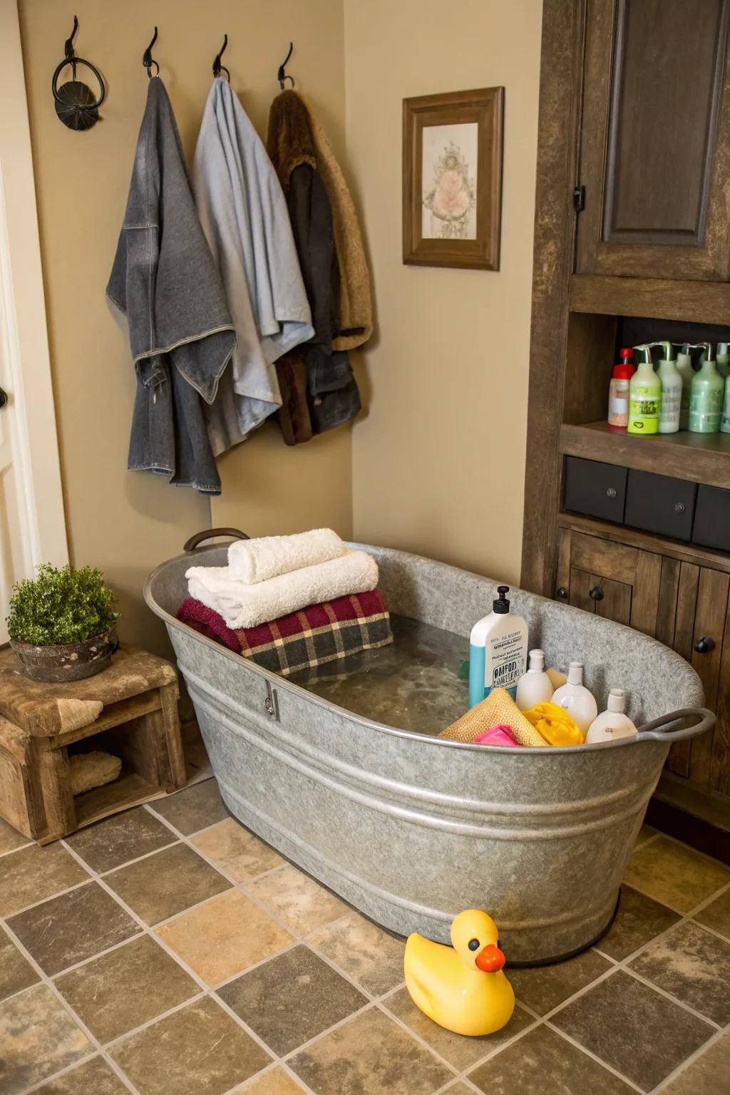 A stylish pet bath station using a galvanized tub, ideal for pet owners.