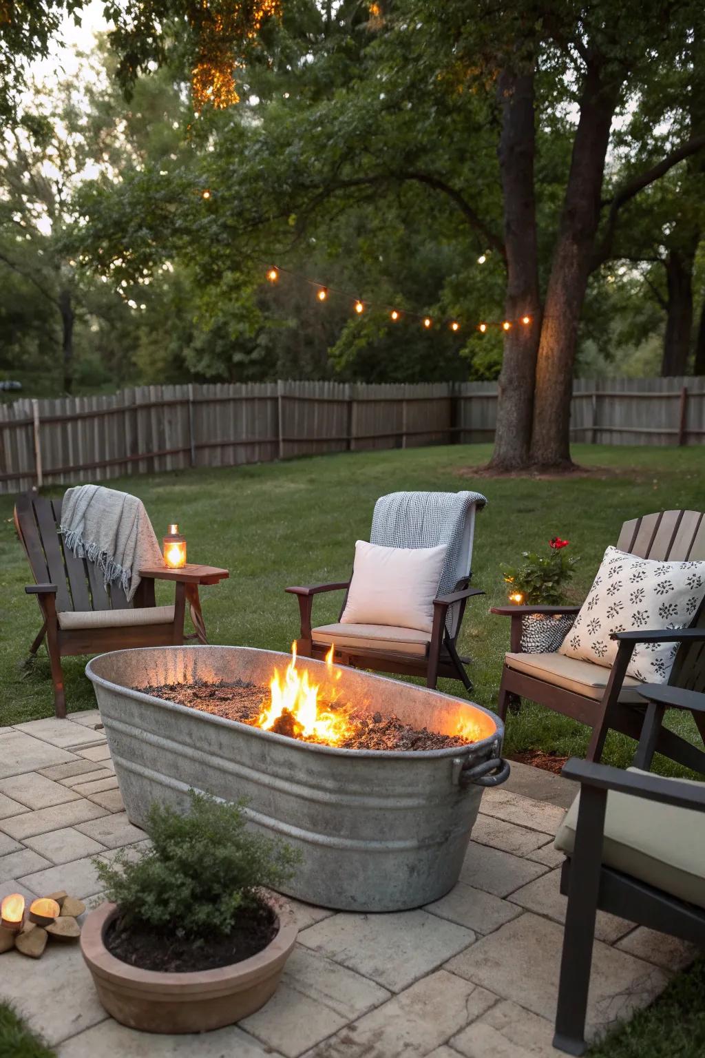 A DIY fire pit made from a galvanized tub, perfect for cozy outdoor gatherings.