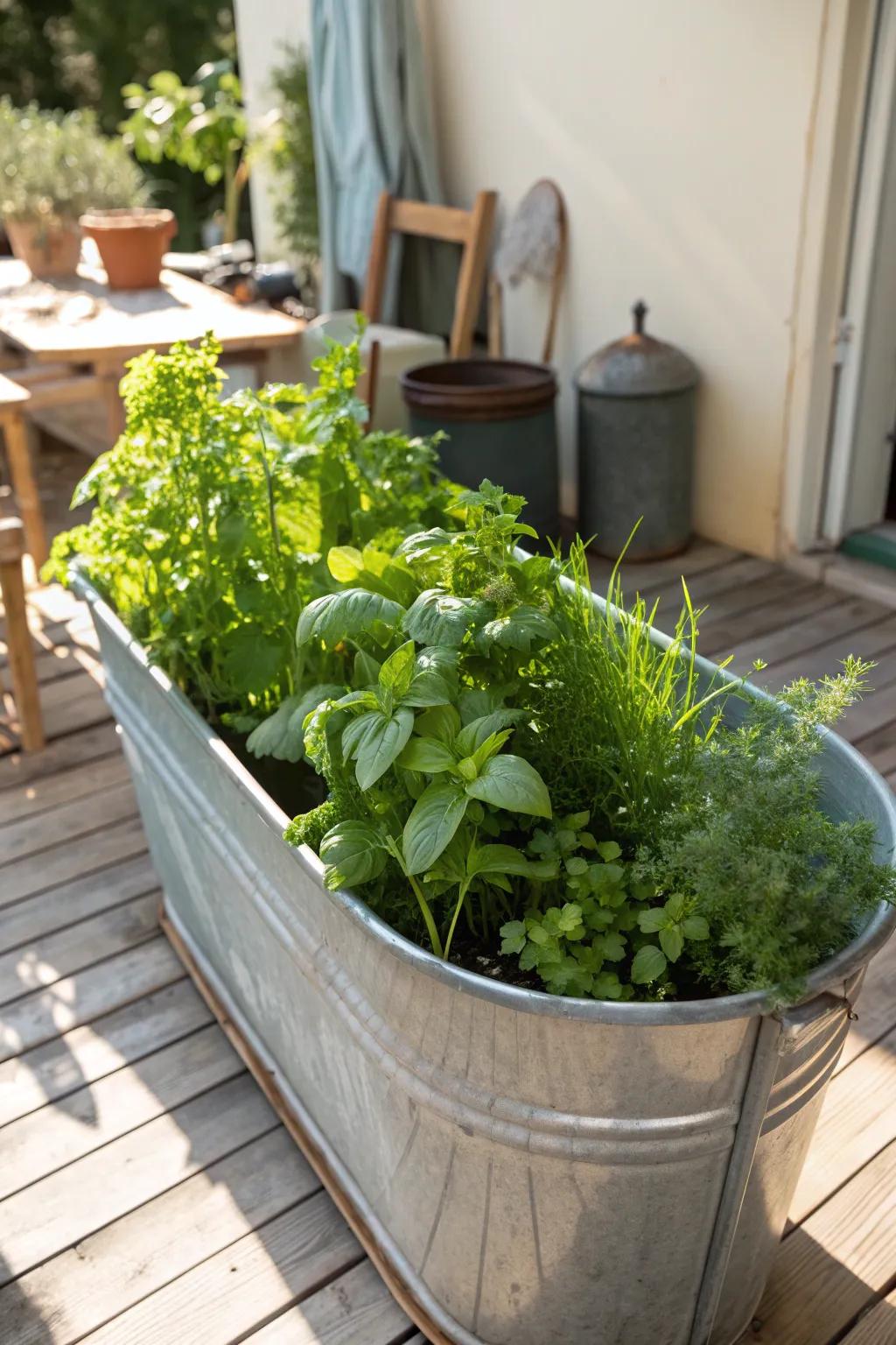 A simple herb garden using a galvanized tub, ideal for urban gardening.