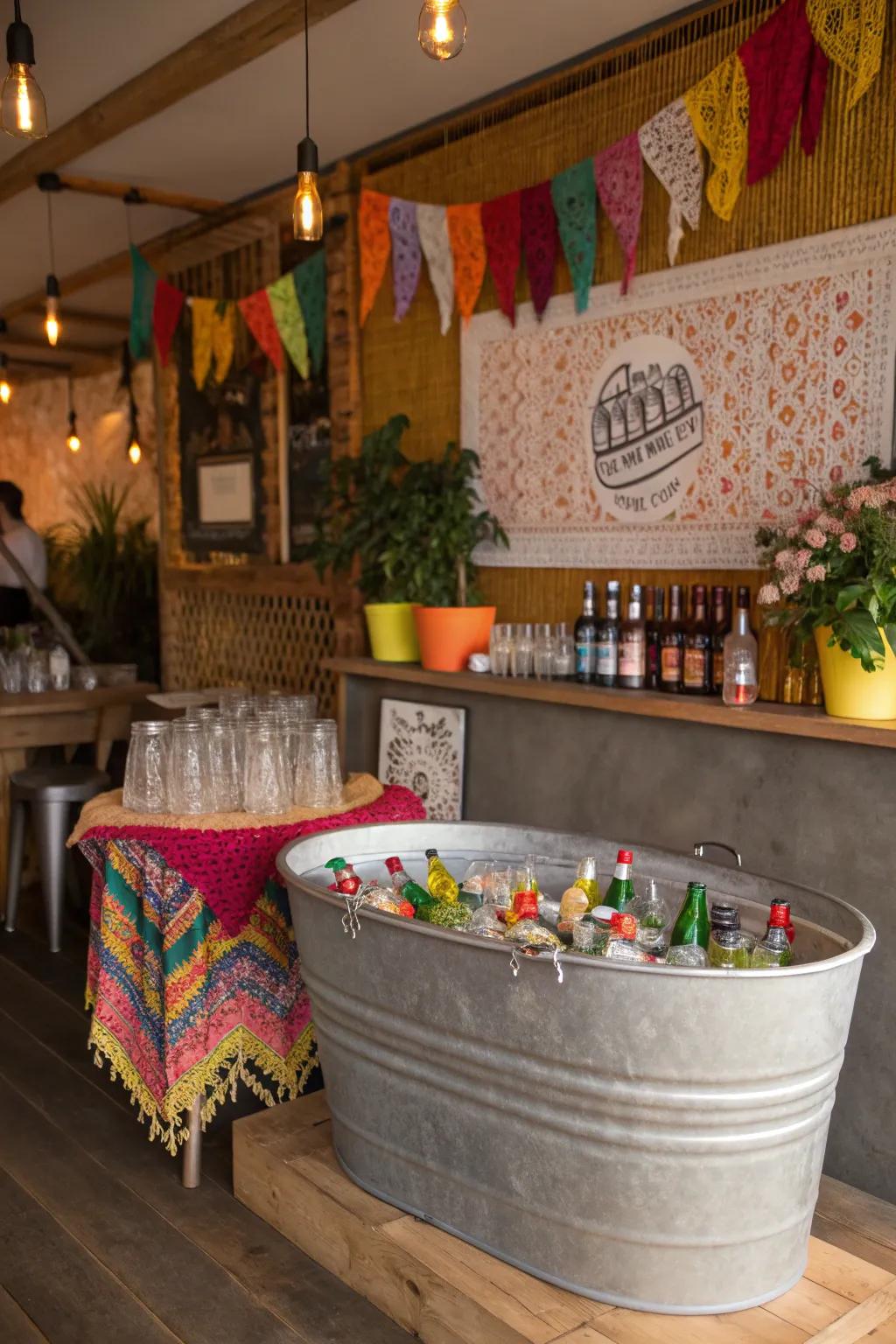 A boho beverage bar using a galvanized tub, perfect for relaxed entertaining.