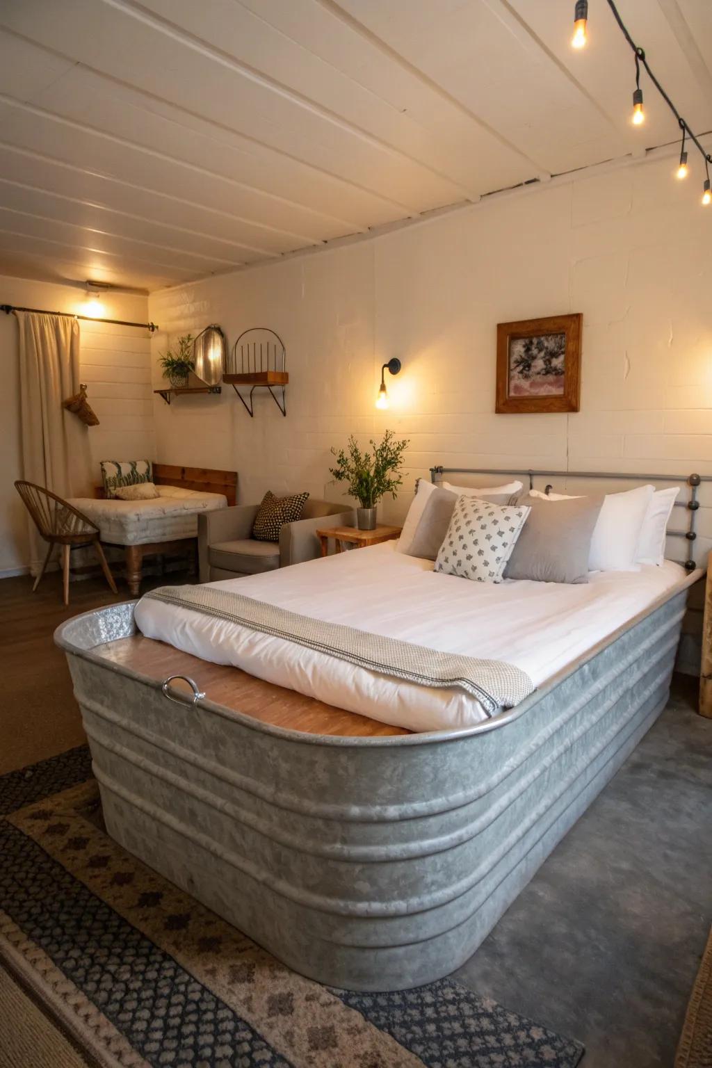A quirky guest bed made from a galvanized tub, offering a unique sleeping experience.