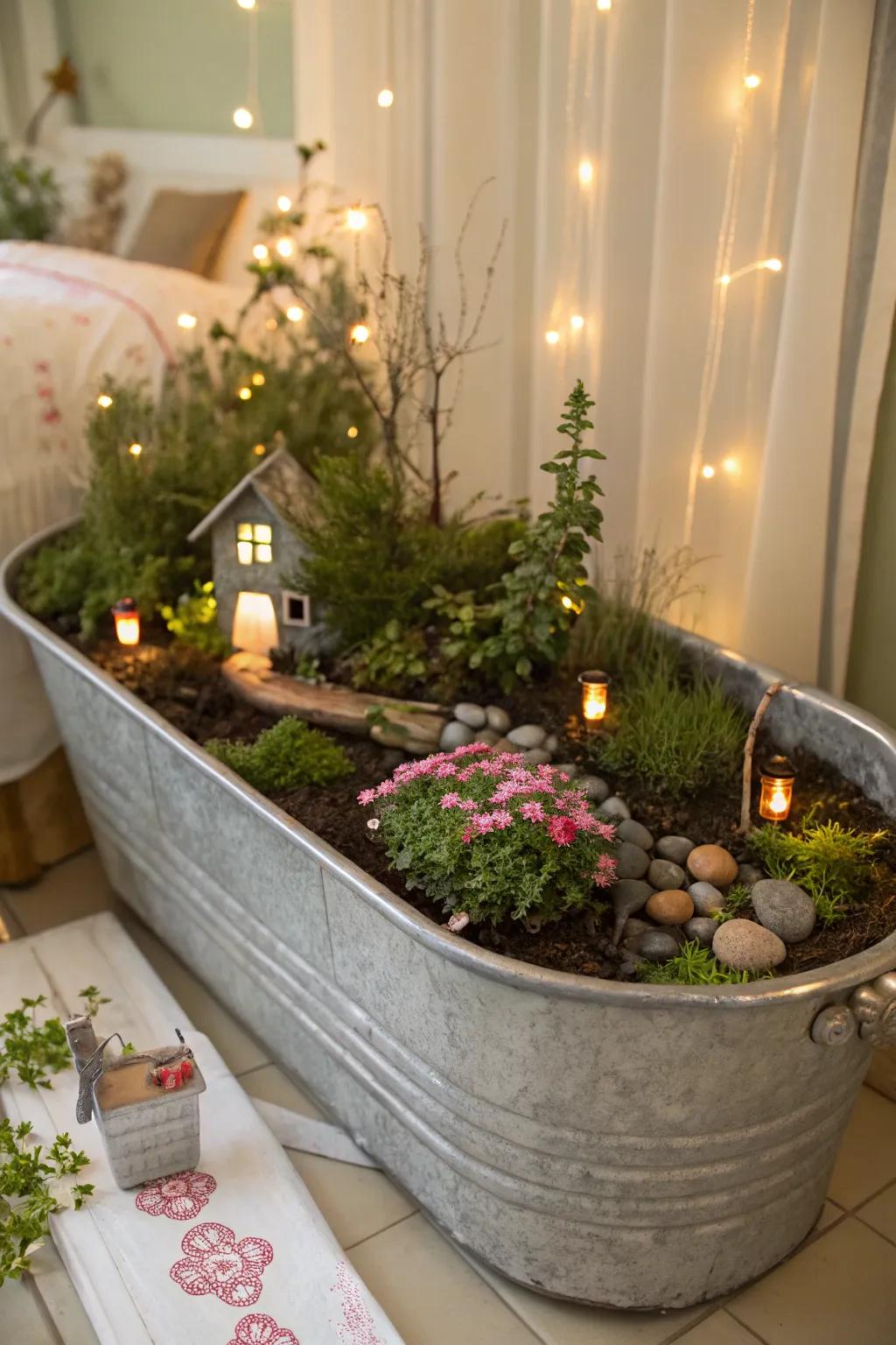 A whimsical fairy garden set in a galvanized tub, inspiring creativity and wonder.