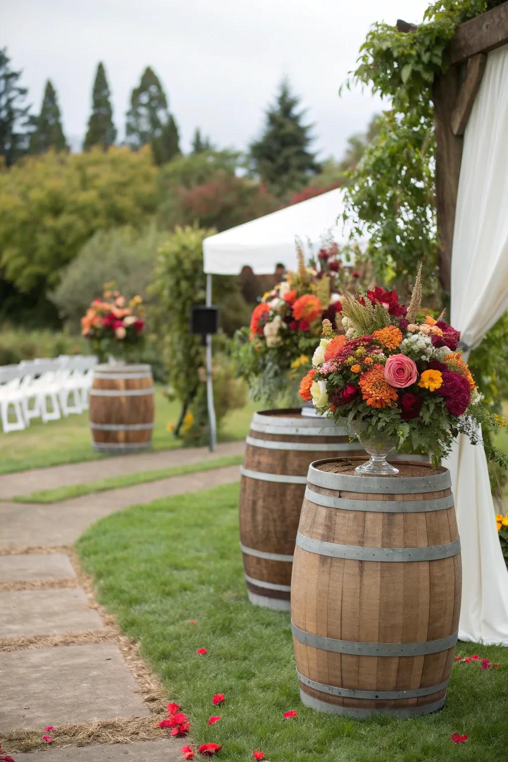 Wine barrels creating a rustic charm at a wedding.