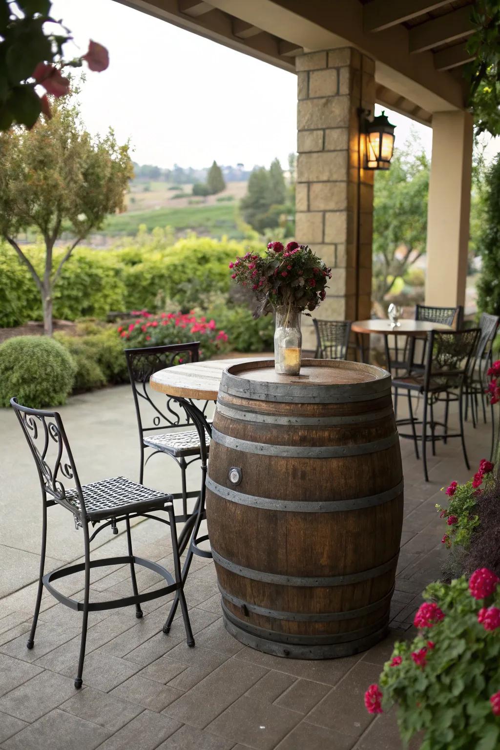 A wine barrel table perfect for an outdoor gathering.