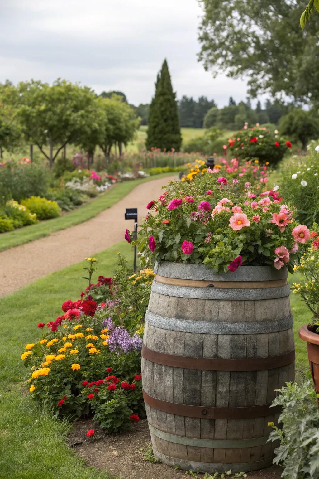 A wine barrel planter overflowing with blooms.