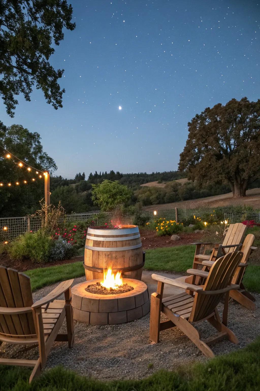 A wine barrel transformed into a warm, inviting fire pit.