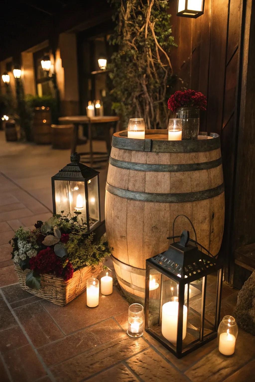 Warm candlelight and lanterns on a wine barrel.
