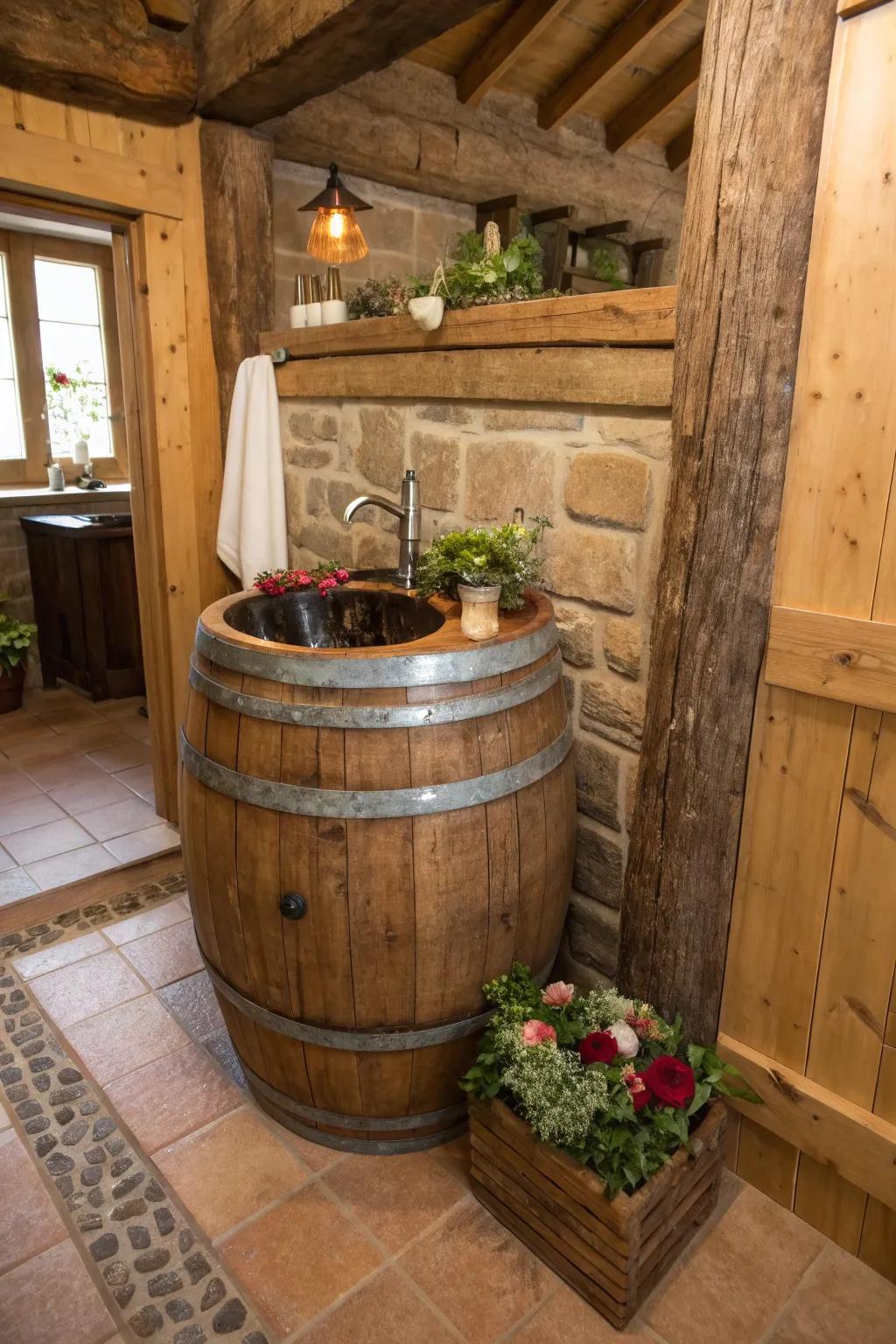 A unique wine barrel sink for a rustic touch.