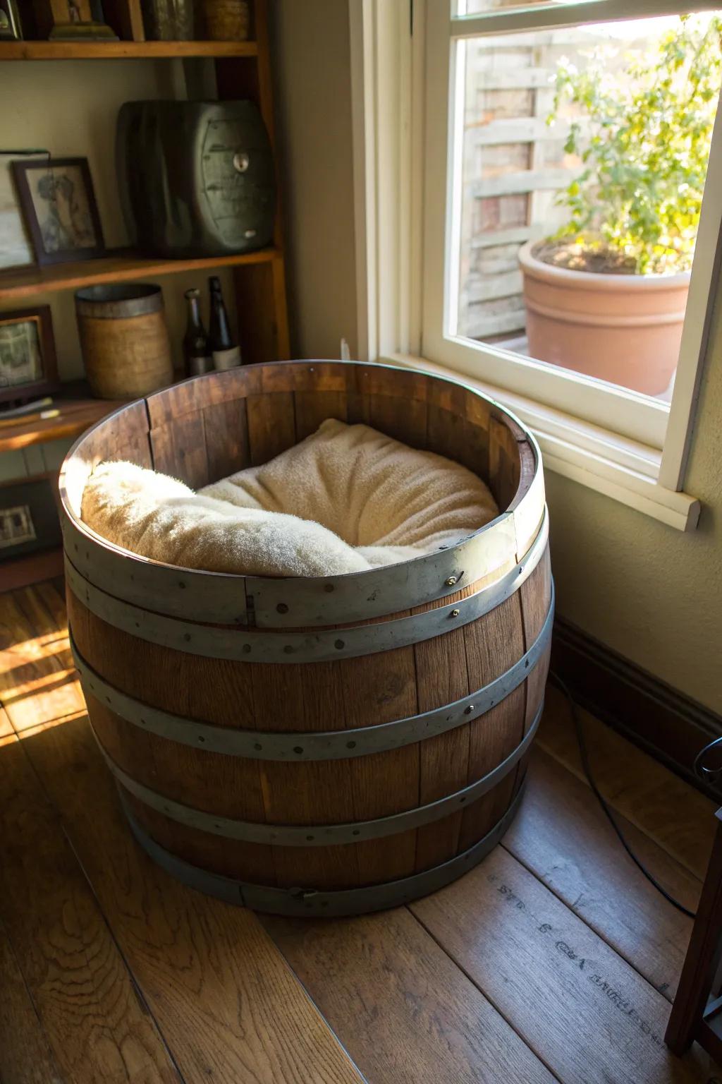 A comfy wine barrel pet bed for your furry friend.